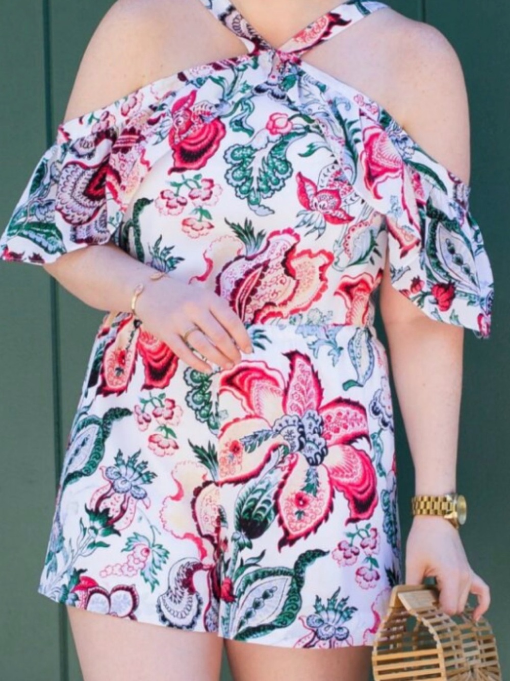 Club Monaco XS size 0 white floral silk Romper with Red & white Floral Print